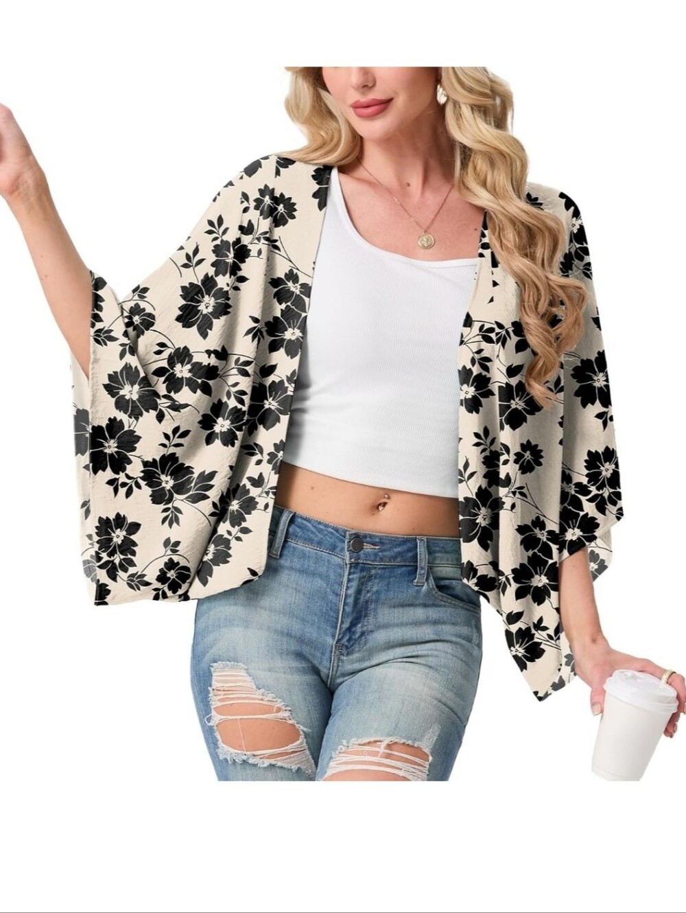 Floral Open-Front Kimono Cardigan - Cream/Black - Picture 4 of 4